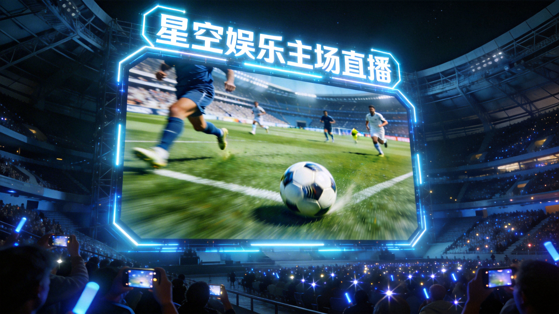 星空娱乐主场直播画面 - 一个充满科技感的现代体育场内部，巨大的屏幕正在直播足球比赛，观众席星光点点